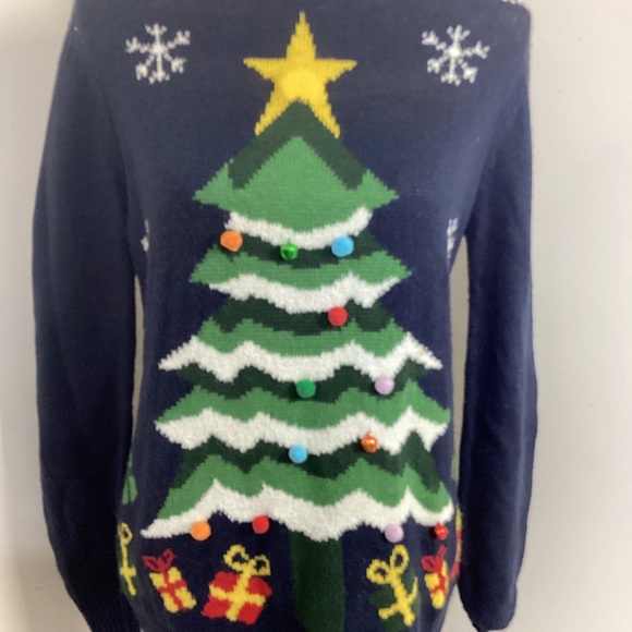 Christmas Sweater Women’s NavyBlue Christmas Tree PomPom Gifts Knit LS Sweater - Picture 4 of 4